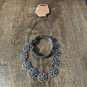 New silver floral iridescent crystal necklace coordinating floral bracelet
